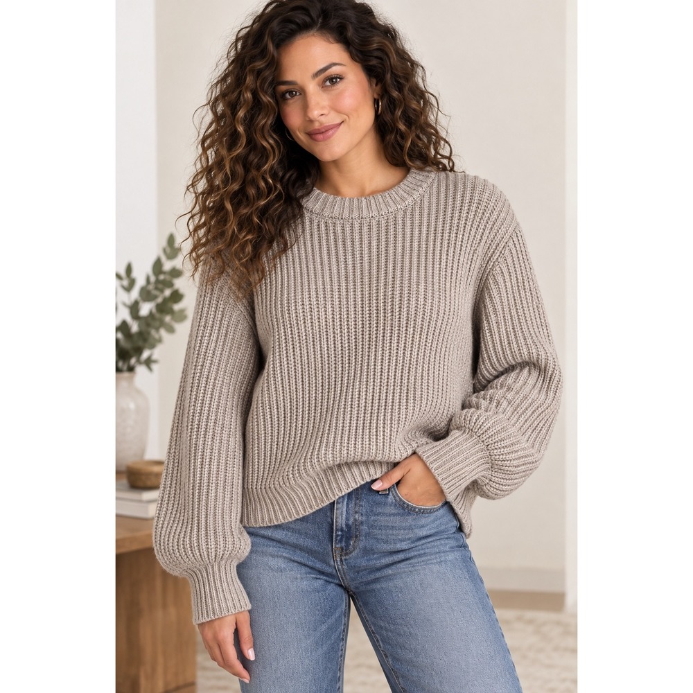 Zenana Ribbed Knit Balloon Sleeve Crewneck Sweater Taupe Neutral Minimalist S